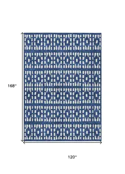 10' X 14' Navy Blue And Ivory Geometric Washable Indoor Outdoor Area Rug