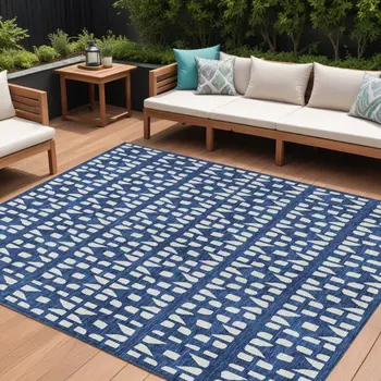 10' X 14' Navy Blue And Ivory Geometric Washable Indoor Outdoor Area Rug