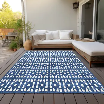 10' X 14' Navy Blue And Ivory Geometric Washable Indoor Outdoor Area Rug