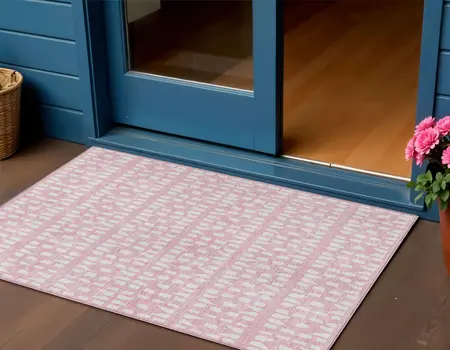3' X 5' Pink And Ivory Geometric Washable Indoor Outdoor Area Rug