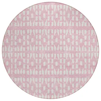 8' Pink And Ivory Round Geometric Washable Indoor Outdoor Area Rug
