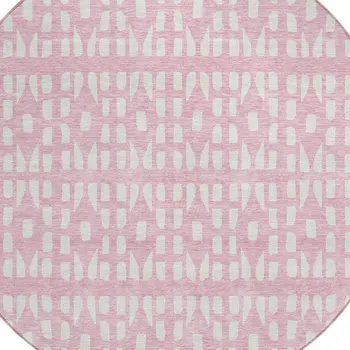 8' Pink And Ivory Round Geometric Washable Indoor Outdoor Area Rug