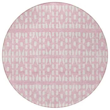 8' Pink And Ivory Round Geometric Washable Indoor Outdoor Area Rug