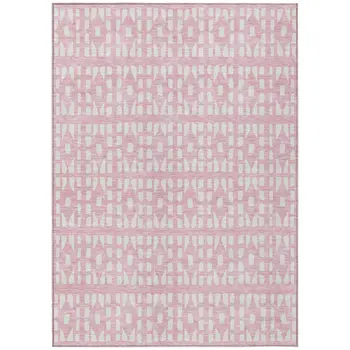 10' X 14' Pink And Ivory Geometric Washable Indoor Outdoor Area Rug