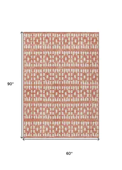 5' X 8' Salmon And Ivory Geometric Washable Indoor Outdoor Area Rug