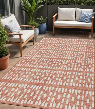 5' X 8' Salmon And Ivory Geometric Washable Indoor Outdoor Area Rug