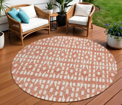 8' Salmon And Ivory Round Geometric Washable Indoor Outdoor Area Rug