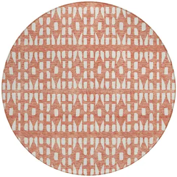 8' Salmon And Ivory Round Geometric Washable Indoor Outdoor Area Rug