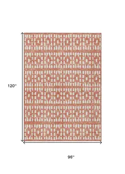 8' X 10' Salmon And Ivory Geometric Washable Indoor Outdoor Area Rug