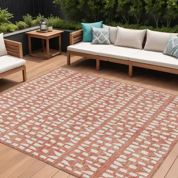 9' X 12' Salmon And Ivory Geometric Washable Indoor Outdoor Area Rug