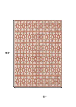 10' X 14' Salmon And Ivory Geometric Washable Indoor Outdoor Area Rug