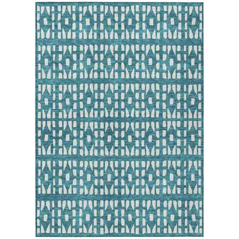3' X 5' Teal Blue And Ivory Geometric Washable Indoor Outdoor Area Rug