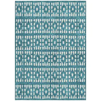 3' X 5' Teal Blue And Ivory Geometric Washable Indoor Outdoor Area Rug