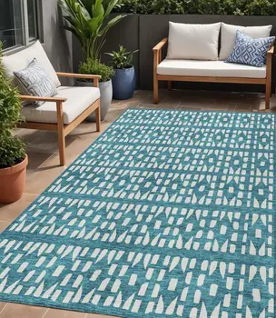 5' X 8' Teal Blue And Ivory Geometric Washable Indoor Outdoor Area Rug
