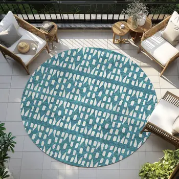 8' Teal Blue And Ivory Round Geometric Washable Indoor Outdoor Area Rug