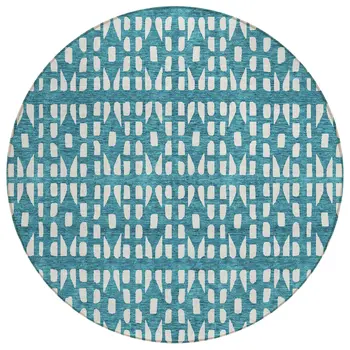 8' Teal Blue And Ivory Round Geometric Washable Indoor Outdoor Area Rug