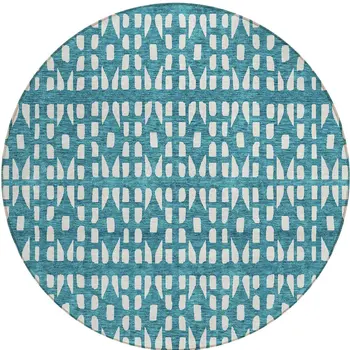 8' Teal Blue And Ivory Round Geometric Washable Indoor Outdoor Area Rug