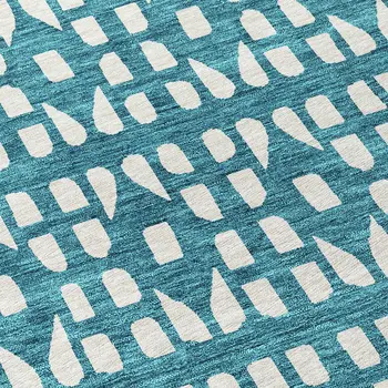 8' Teal Blue And Ivory Round Geometric Washable Indoor Outdoor Area Rug