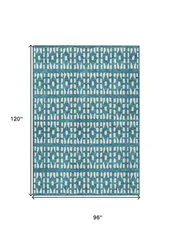 8' X 10' Teal Blue And Ivory Geometric Washable Indoor Outdoor Area Rug