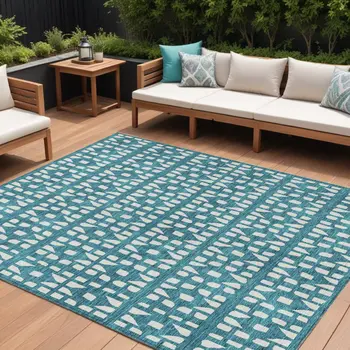 9' X 12' Teal Blue And Ivory Geometric Washable Indoor Outdoor Area Rug