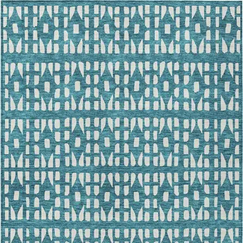 9' X 12' Teal Blue And Ivory Geometric Washable Indoor Outdoor Area Rug