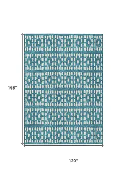 10' X 14' Teal Blue And Ivory Geometric Washable Indoor Outdoor Area Rug