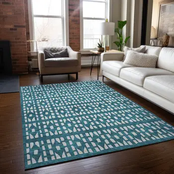 10' X 14' Teal Blue And Ivory Geometric Washable Indoor Outdoor Area Rug