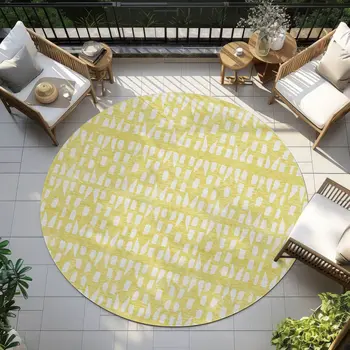 8' Yellow And Ivory Round Geometric Washable Indoor Outdoor Area Rug
