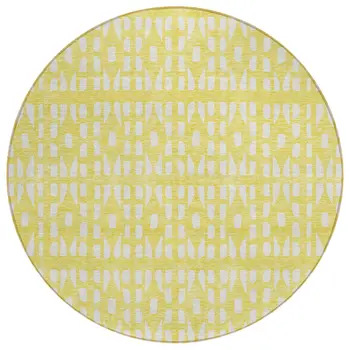 8' Yellow And Ivory Round Geometric Washable Indoor Outdoor Area Rug