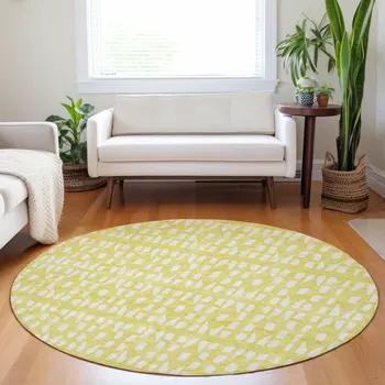 8' Yellow And Ivory Round Geometric Washable Indoor Outdoor Area Rug