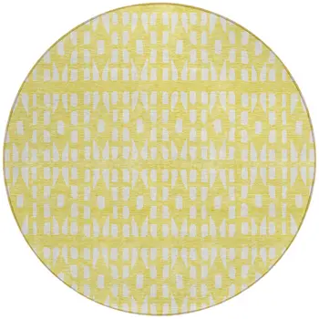 8' Yellow And Ivory Round Geometric Washable Indoor Outdoor Area Rug