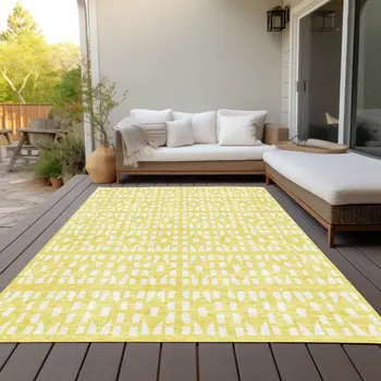 9' X 12' Yellow And Ivory Geometric Washable Indoor Outdoor Area Rug