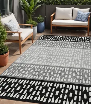 5' X 8' Black Gray And Ivory Geometric Washable Indoor Outdoor Area Rug