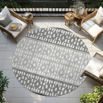 8' Black Gray And Ivory Round Geometric Washable Indoor Outdoor Area Rug