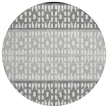 8' Black Gray And Ivory Round Geometric Washable Indoor Outdoor Area Rug