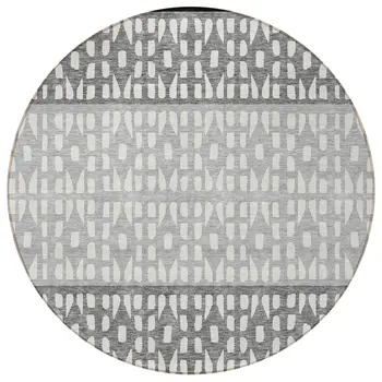 8' Black Gray And Ivory Round Geometric Washable Indoor Outdoor Area Rug