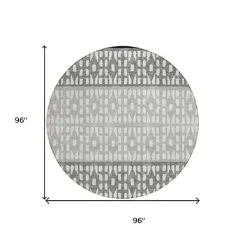 8' Black Gray And Ivory Round Geometric Washable Indoor Outdoor Area Rug