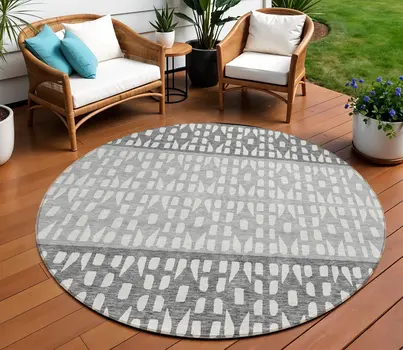 8' Black Gray And Ivory Round Geometric Washable Indoor Outdoor Area Rug