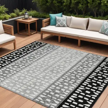 8' X 10' Black Gray And Ivory Geometric Washable Indoor Outdoor Area Rug