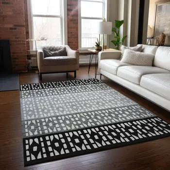 9' X 12' Black Gray And Ivory Geometric Washable Indoor Outdoor Area Rug