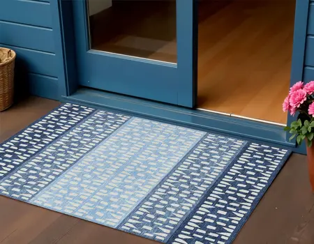 3' X 5' Blue Sky Blue And Ivory Geometric Washable Indoor Outdoor Area Rug