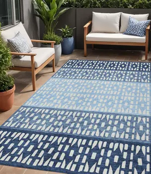 5' X 8' Blue Sky Blue And Ivory Geometric Washable Indoor Outdoor Area Rug