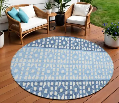 8' Blue Sky Blue And Ivory Round Geometric Washable Indoor Outdoor Area Rug