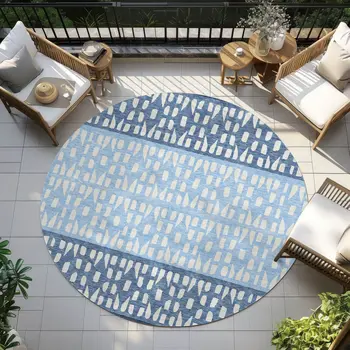 8' Blue Sky Blue And Ivory Round Geometric Washable Indoor Outdoor Area Rug