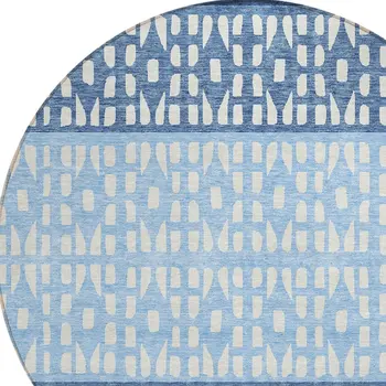 8' Blue Sky Blue And Ivory Round Geometric Washable Indoor Outdoor Area Rug