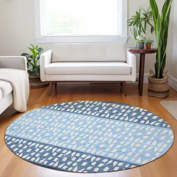 8' Blue Sky Blue And Ivory Round Geometric Washable Indoor Outdoor Area Rug