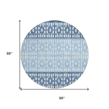 8' Blue Sky Blue And Ivory Round Geometric Washable Indoor Outdoor Area Rug