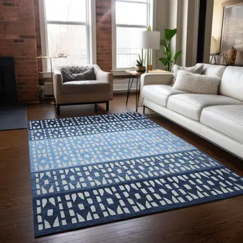 8' X 10' Blue Sky Blue And Ivory Geometric Washable Indoor Outdoor Area Rug