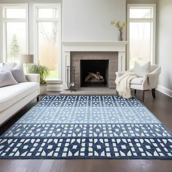 8' X 10' Blue Sky Blue And Ivory Geometric Washable Indoor Outdoor Area Rug