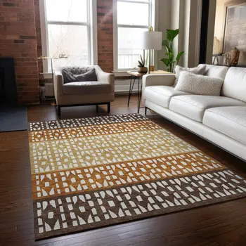 3' X 5' Coffee Copper And Ivory Geometric Washable Indoor Outdoor Area Rug